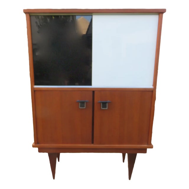 Vintage French Sideboard with Black and White Glass Doors, 1955 For Sale