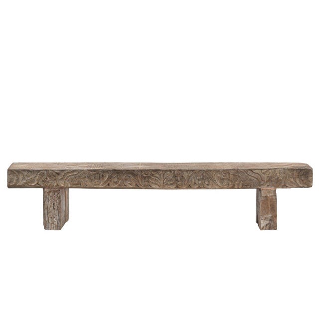 Farmhouse Indian Carved Front Rustic Teakwood Bench For Sale - Image 3 of 4