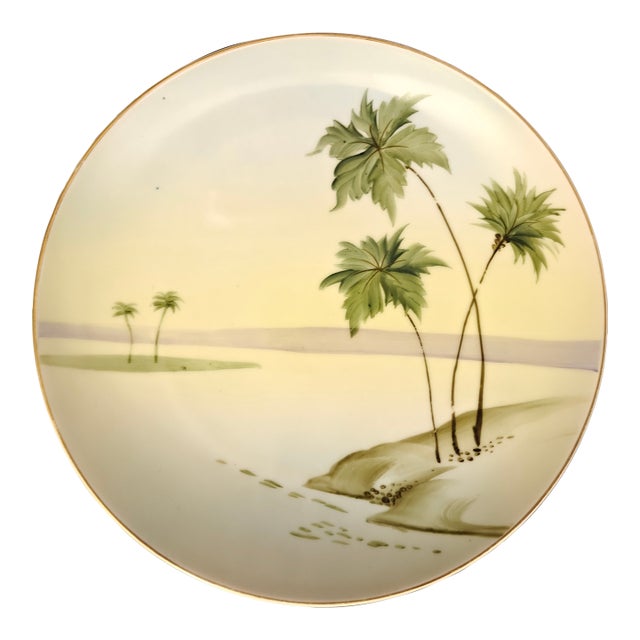 Antique Japanese Hand-Painted Porcelain Cabinet Plate-Palm Tree Island Scene-C. 1910 For Sale
