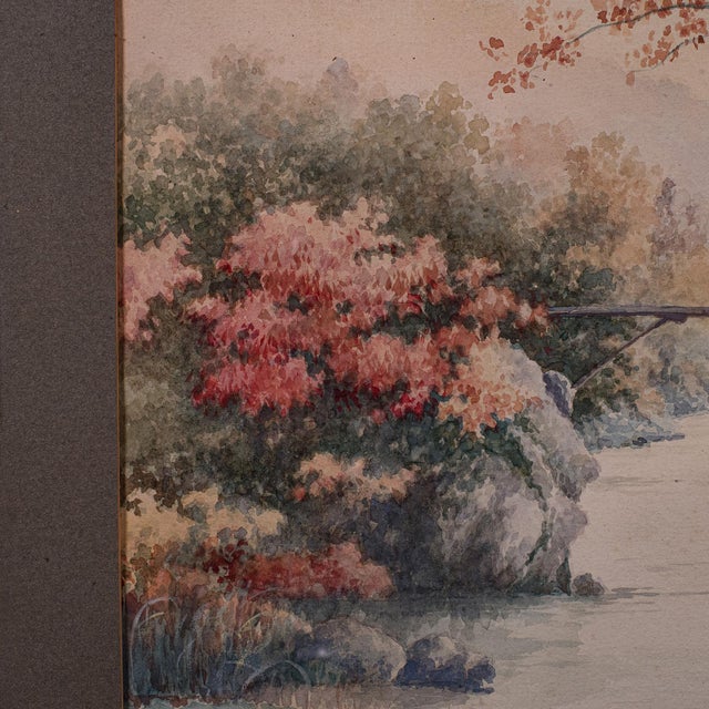 Glass Vintage River Landscape Painting, Japanese School, Watercolour, Art, Mid Century For Sale - Image 7 of 12