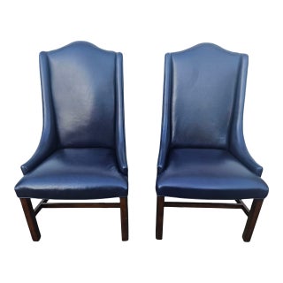 2 Chippendale Dining Room Side Chairs 18th Century Mahogany Navy Leather Parson For Sale