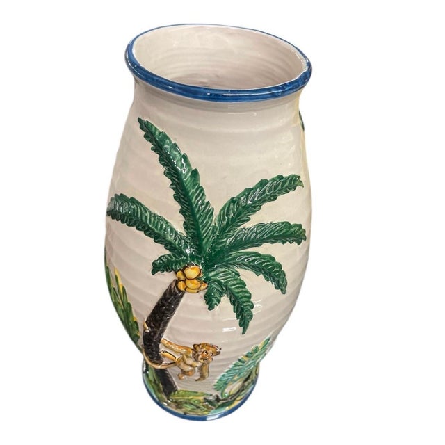 Whimsical Italian Relief Ceramic Monkey & Palm Tree Vase For Sale In West Palm - Image 6 of 9