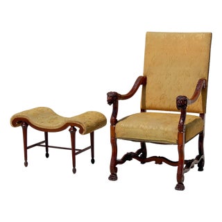 Antique French Louis XIV Style Armchair & Ottoman Set - Mid 19th Century Carved Lion Head Throne Chair With Original Yellow Upholstery For Sale