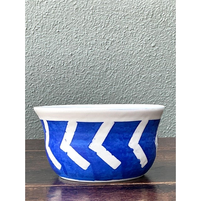 2020s Hand-Painted Blue Geometric Ceramic Bowl For Sale - Image 5 of 13