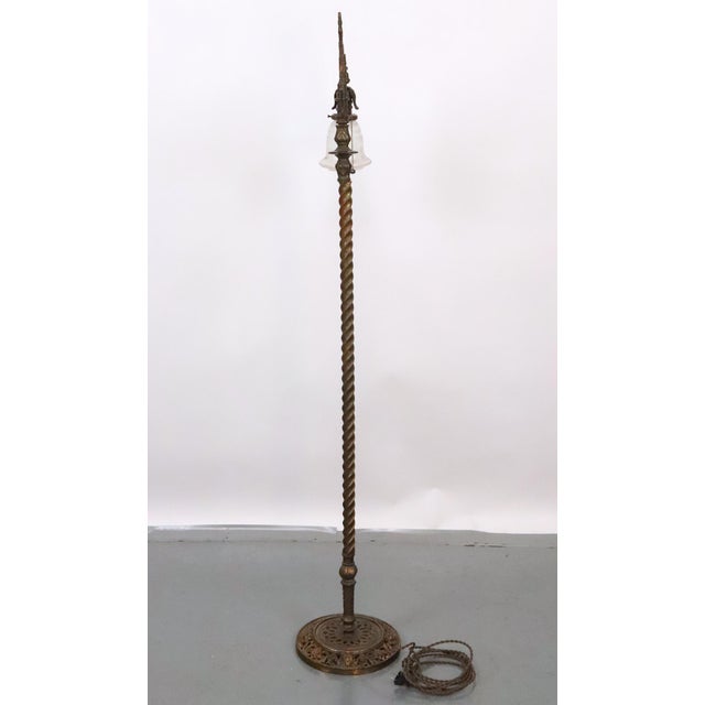 Mid 20th Century Victorian Barley Twist Bridge Iridescent Glass Shade Floor Lamp For Sale - Image 11 of 12