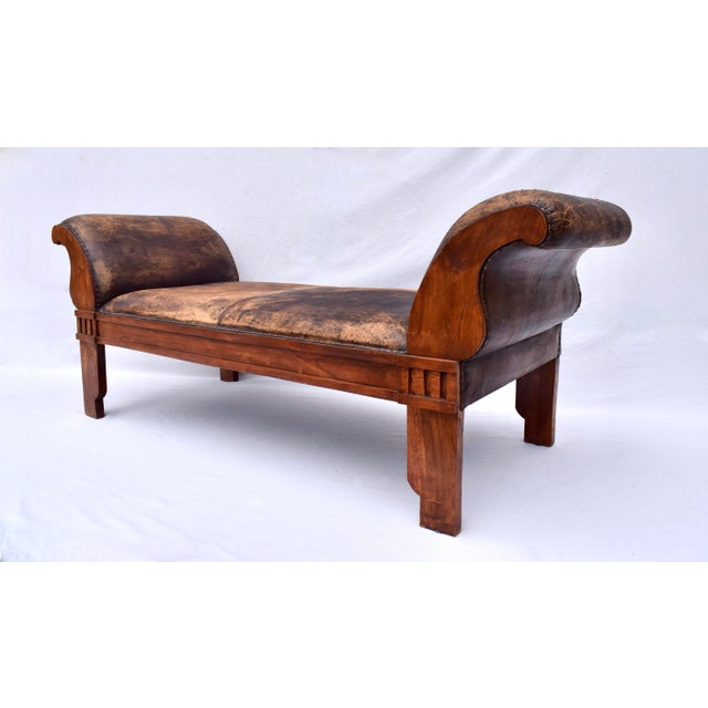 Vintage Leather Roll Arm Bench, Carved Oak Frame, Mission Style, Usa For Sale - Image 4 of 12