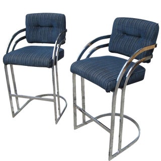 1970s Vintage Milo Baughman Chrome Cantilever Stools- A Pair For Sale