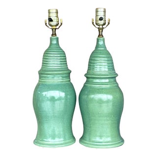 Vintage Celadon Green Glazed Ceramic Table Lamps, a Pair For Sale