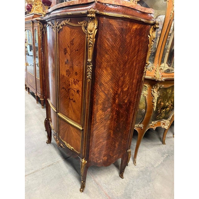 Wood French Louis XV Bronze Mounted Rosewood Marble Top Cabinet Adjustable Shelves For Sale - Image 7 of 14