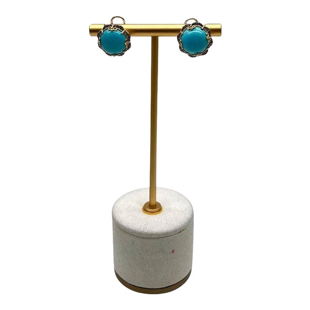 Blue Teal Turquoise Diamonds Halo Floral 14k Yellow Gold Statement Earrings - Set of 2 For Sale