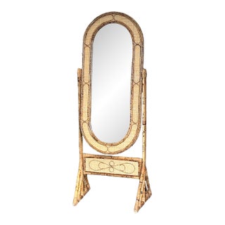 1980s British Colonial Style Bamboo, Cane, and Rattan Cheval Floor Mirror For Sale