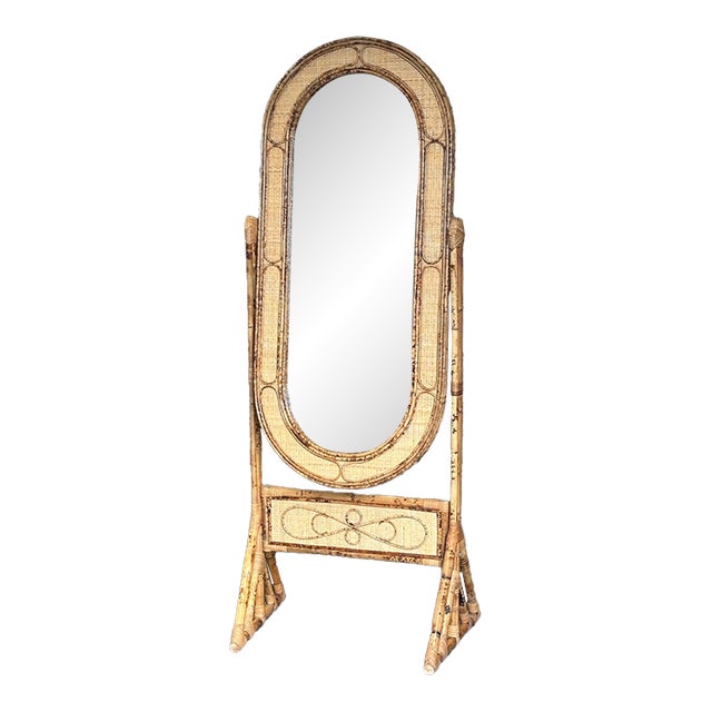 1980s British Colonial Style Bamboo, Cane, and Rattan Cheval Floor Mirror For Sale