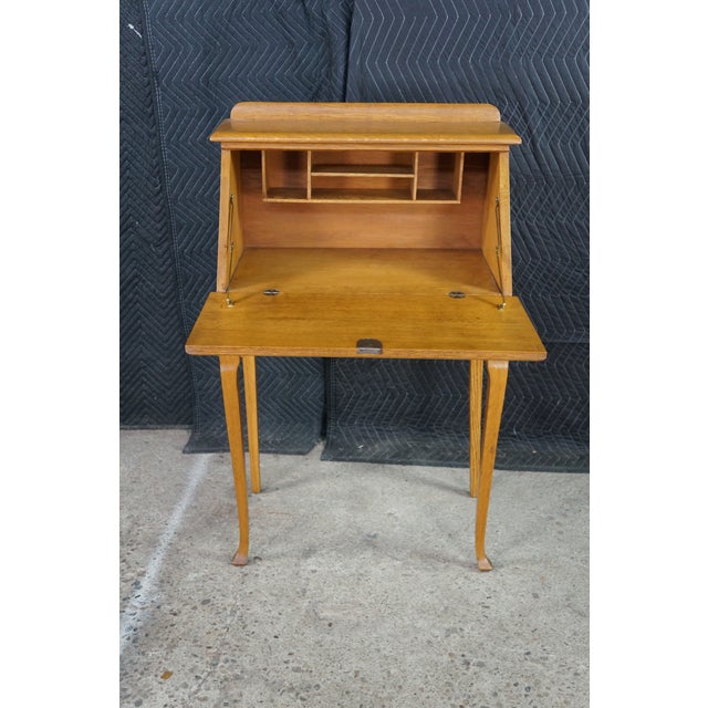 Antique Late Victorian Petite Oak Slant Top Secretary Ladies Writing Desk 26" For Sale - Image 4 of 6