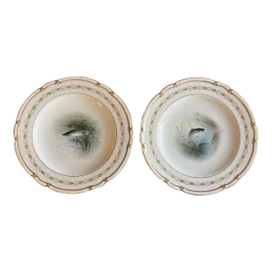Pair Antique Copeland Spode Porcelain Fish Plates for Tiffany & Co.
