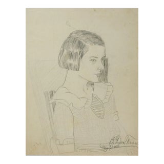 Vintage 1920's Portrait of Young Woman Pencil Drawing For Sale