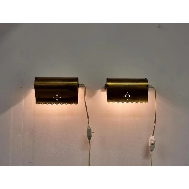Brown Antique Scandinavian Wall Lights in Brass with Star Pattern, 1950s, Set of 2 For Sale - Image 8 of 13