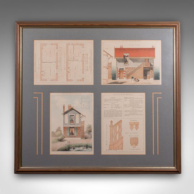 This is an antique framed architectural plan. A French, lithograph set of drawings from Constructions Modernes et...