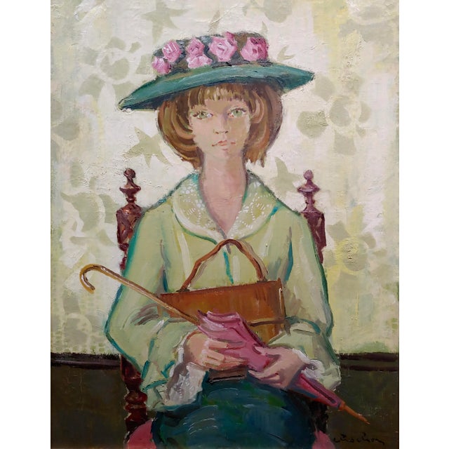 Beaux-Arts Andre Chochon -Portrait of a Big Green Eyes Girl in a Hat -Oil Painting For Sale - Image 3 of 10