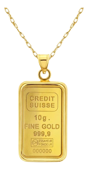 10 Gram Pamp Credit Suisse Gold Bar with Polished Bezel Necklace 16"