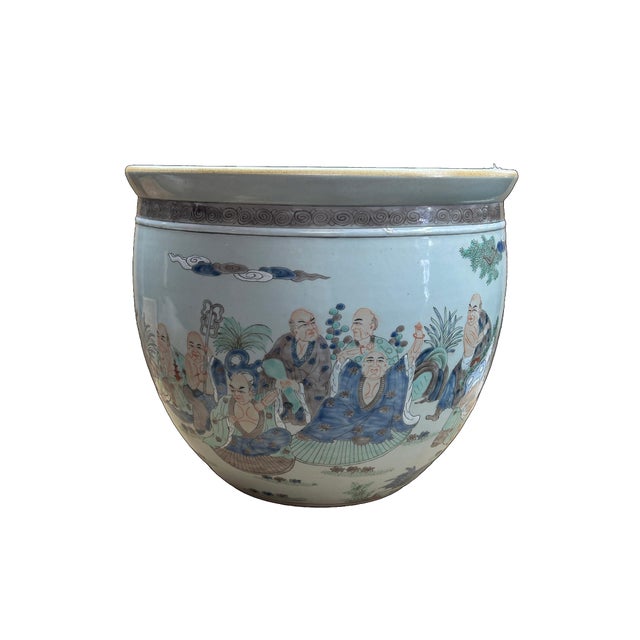 Off-white Vintage Oriental 18 Arhats Graphic Porcelain Round Pot Planter For Sale - Image 8 of 10