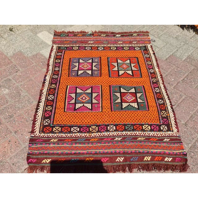 Orange Tribal Embroidered Kilim - 31.5" X 43" For Sale - Image 8 of 8