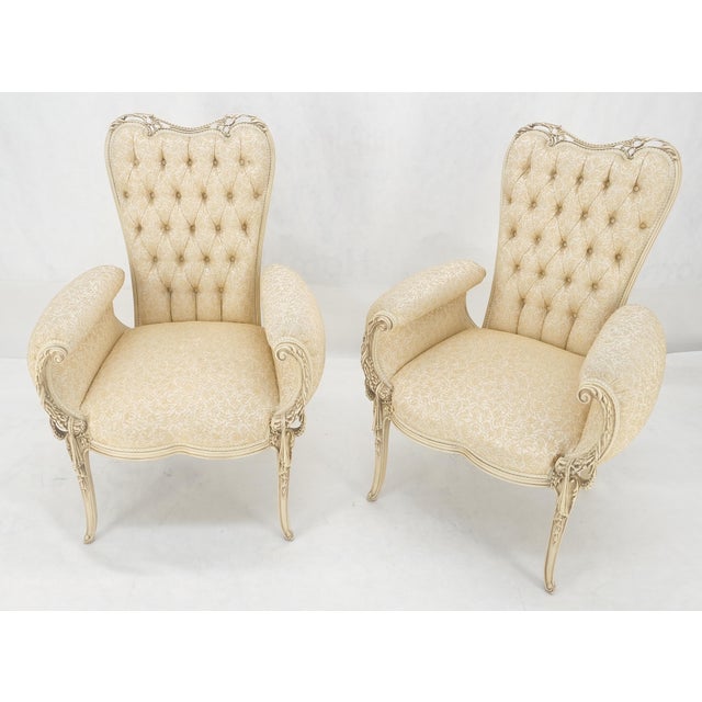 Mid 20th Century Pair Rococò Louis XVI Style Tufted Pierce Carved Backs Off White Fireside Chairs For Sale - Image 5 of 12