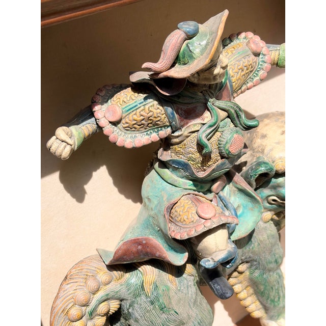 Wood Framed Antique Chinese Roof Tile Mythical Guardian Warrior on Foo Dog For Sale In Los Angeles - Image 6 of 10