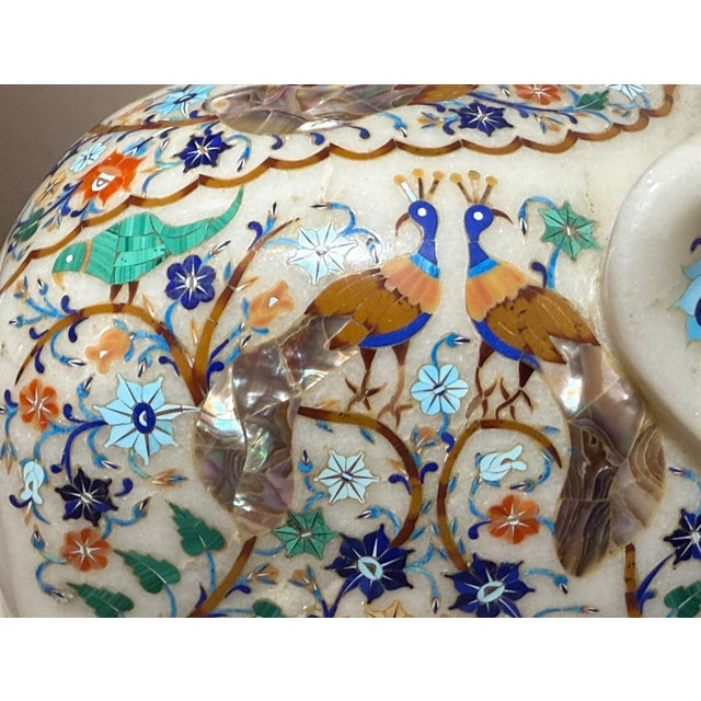 Large Vintage Inlaid White Marble Marquetry Stone Elephant Statue Sculpture 17Lbs For Sale - Image 13 of 17