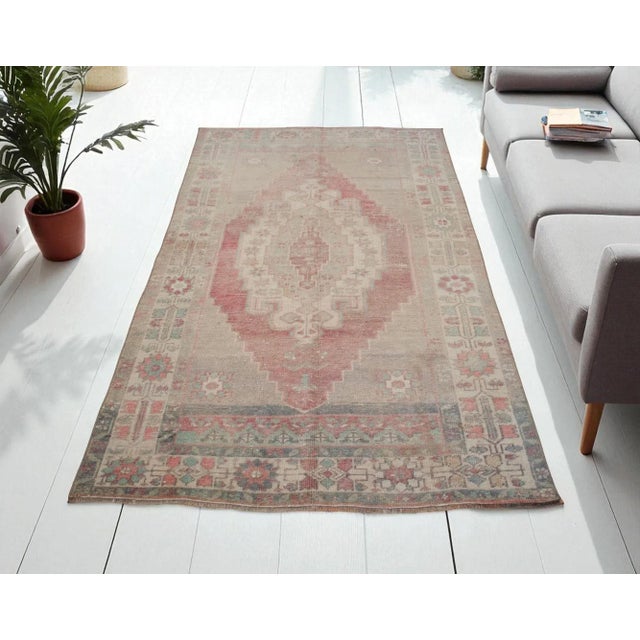 Mid-Century Modern Distressed Turkish Rug Hand Knotted Vintage Low Pile Muted Color Anatolian Area Rug - 3′9″ × 6′8″ For Sale - Image 3 of 10