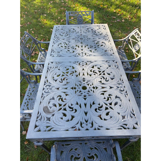 Hollywood Regency Vintage Star & Dolphin Cast Metal Patio Dining Set – Table & 6 Chairs For Sale - Image 3 of 5