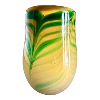 Vintage Studio Art Glass Vase-Green Yellow Swirl-Hand Blown-Murano Style-Modern For Sale