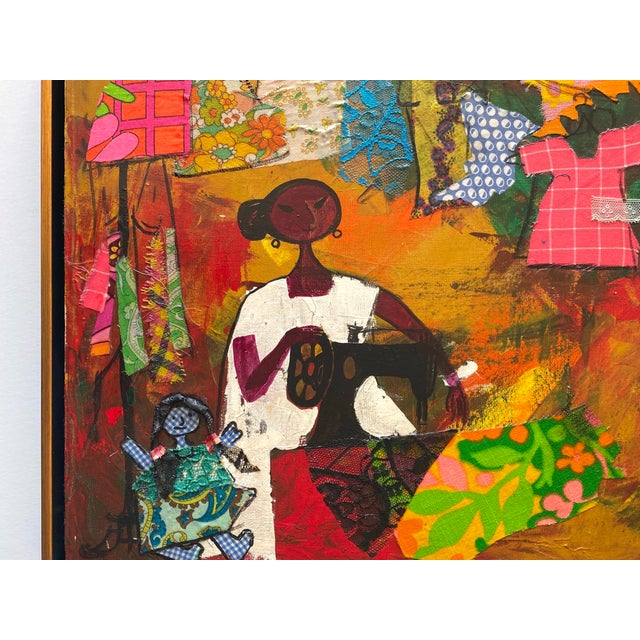 Mid 20th Century Alizandro Valencia Manzo Vintage Mexican Mid Century Modern " Costurera " Framed Signed Original Mixed Media Painting For Sale - Image 5 of 12