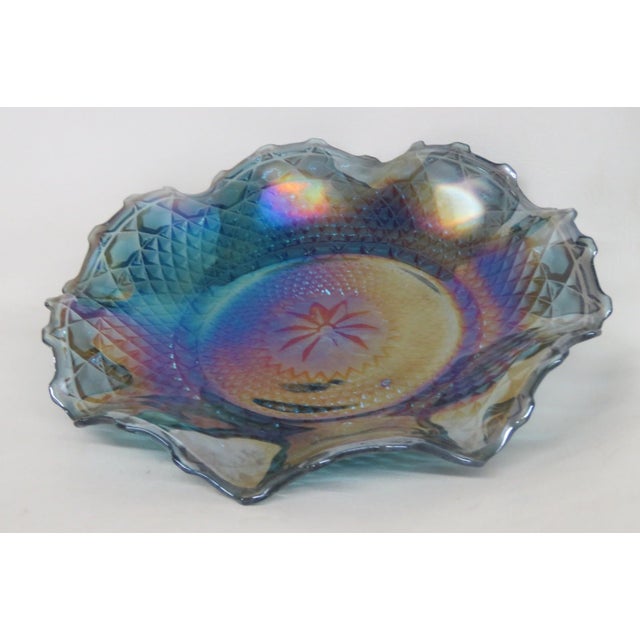 Mid 20th Century Indiana Carnival Glass Blue Iridescent Dish Shallow Bowl Ruffled Edge 4806b For Sale In Miami - Image 6 of 10