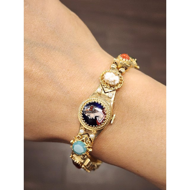 Art Deco 1950s 14k Yellow Gold Slide Charm Omega Gemstone Bracelet Watch For Sale - Image 3 of 16