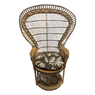 Peacock Chair - Vintage 1970's Wicker Emanuelle Chair W Cushion For Sale