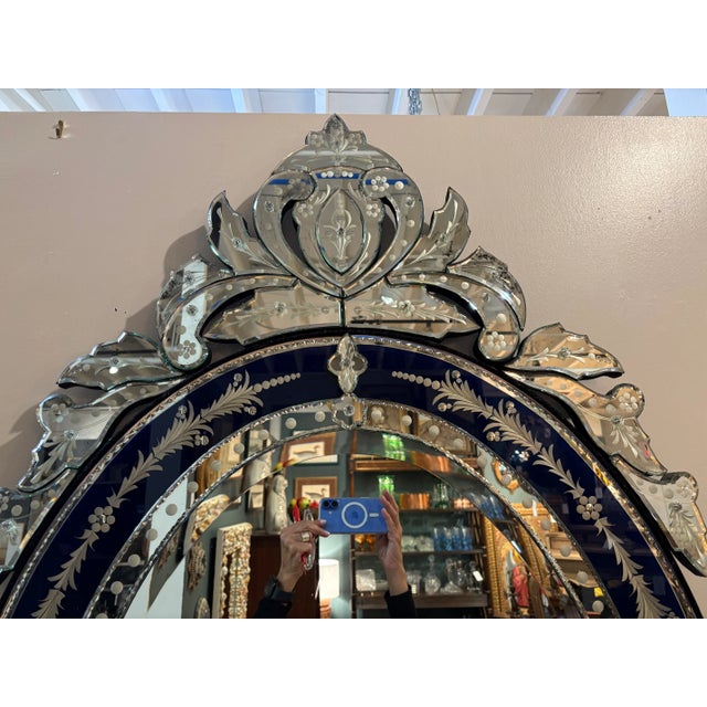 Rococo Ornate Dark Blue and Etched Glass Oval Venetian Mirror For Sale - Image 3 of 10