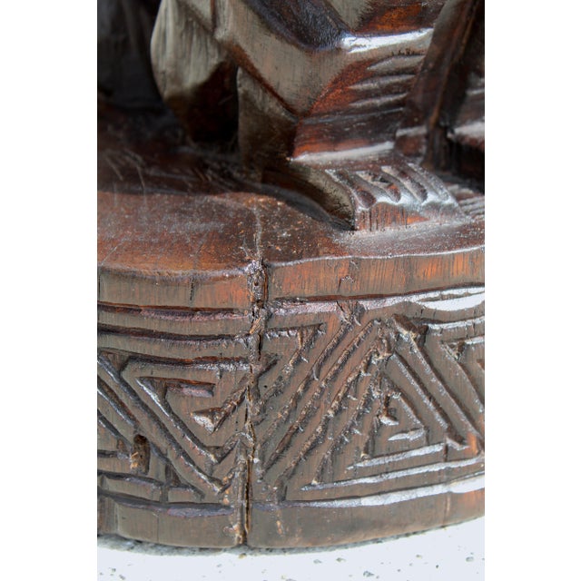 Vintage Hand-Carved African Man & Woman Figural Stool – 20.5” H X 15.75” W Sculptural Tribal Side Table With Geometric Carving For Sale - Image 17 of 17
