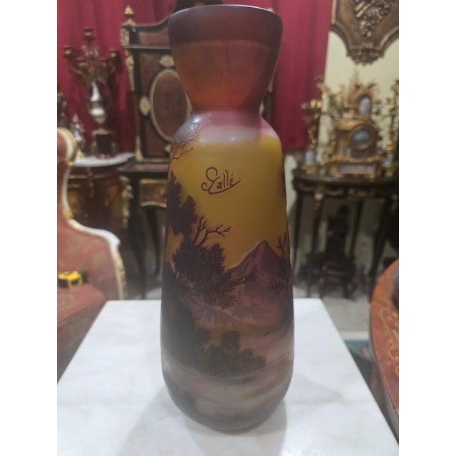 Amber Antique Emile Gallé Style French Art Nouveau Landscape Glass Vase, 14.3" For Sale - Image 8 of 10