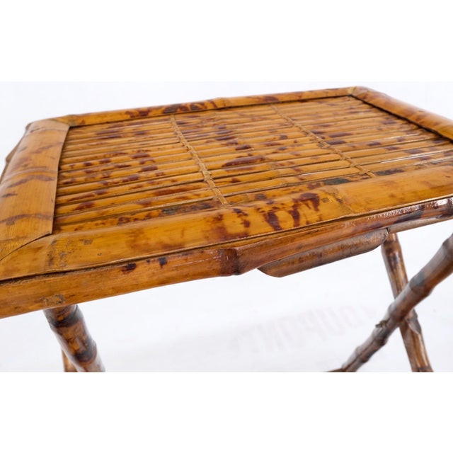Burnt Bamboo Vintage Folding Cafe Occasional Table w/ Two Matching Chairs Set For Sale - Image 16 of 16