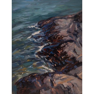 Presque Isle (Day 126), July 21, 2024 by Primary Hughes | Oil on gessobord Coastal rock formation by water. For Sale