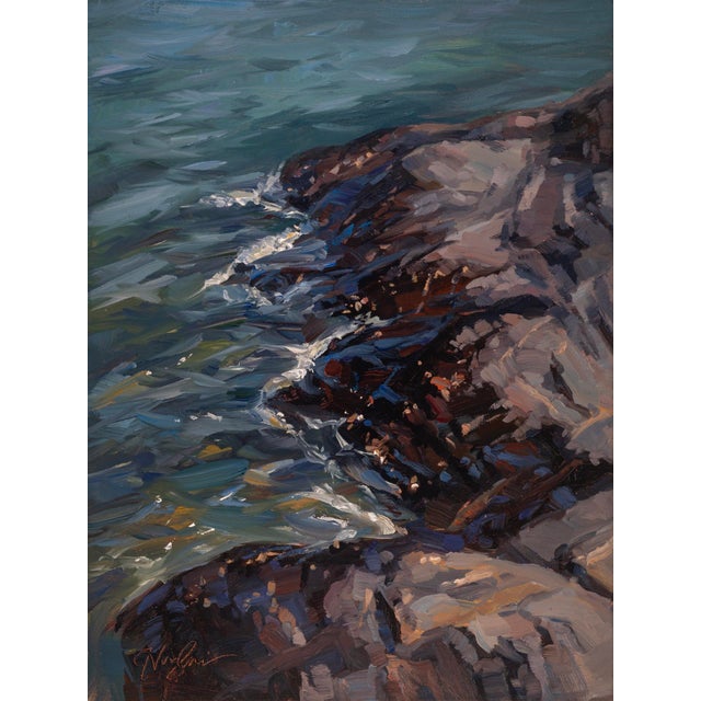 Presque Isle (Day 126), July 21, 2024 by Primary Hughes | Oil on gessobord Coastal rock formation by water. For Sale