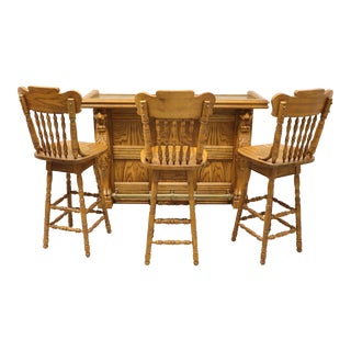Mid 20th Century Solid Oak Bar With Paw Feet and 3 Barstools For Sale