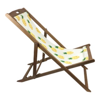 Fun Pineapple Print Teakwood Chaise Lounge For Sale