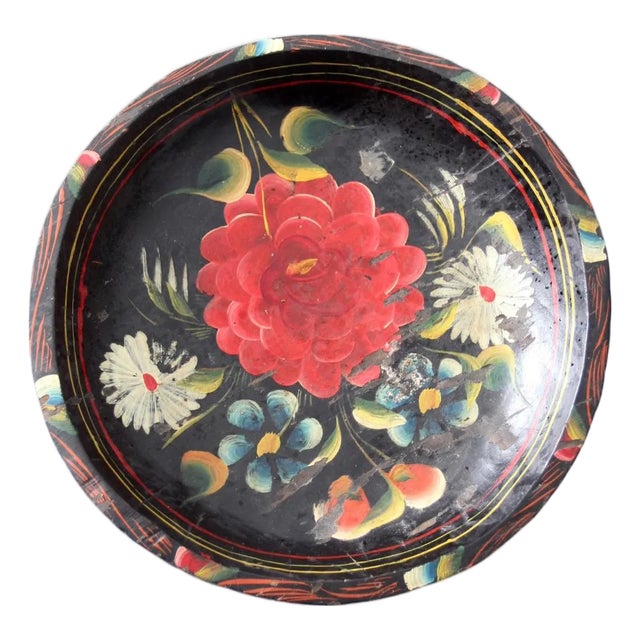 Vintage 1950s Hand-Painted Floral Wooden Bowl For Sale