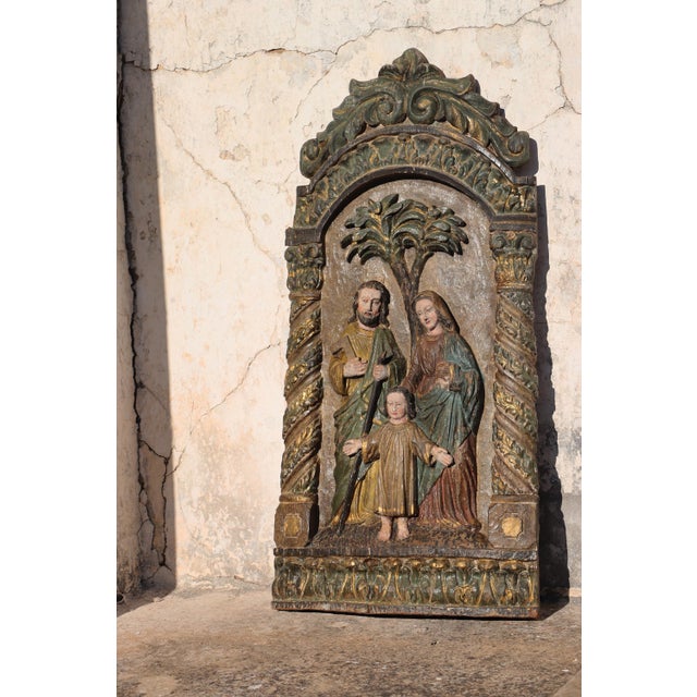 Baroque 17th Century Large Baroque Holy Family Wooden Retable, Portuguese, 43.70" For Sale - Image 3 of 14