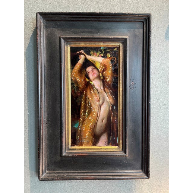 The painting features a figure adorned in a shimmering, translucent robe, capturing a moment of introspection and allure....