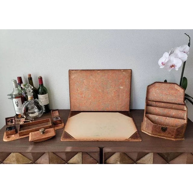 Vintage Continental Italian Leather Desk Set For Sale - Image 4 of 11