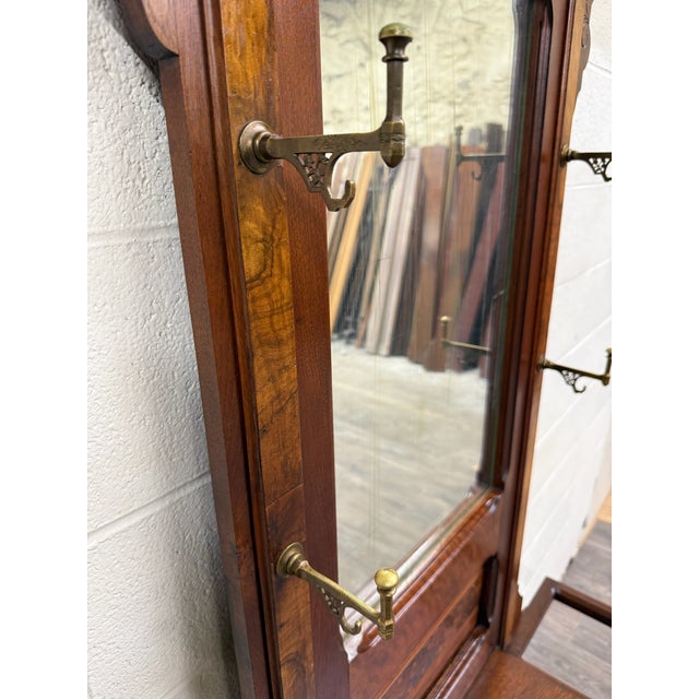 Antique Victorian Eastlake Walnut Hall Tree With Mirror and Hooks and Drawer For Sale In Kansas City - Image 6 of 18