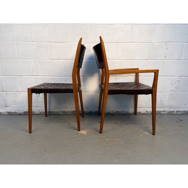 Animal Skin Mid 20th Century Attributed to Paul McCobb for Directional Irwin Collection Woven Leather Dinning Chairs For Sale - Image 7 of 14