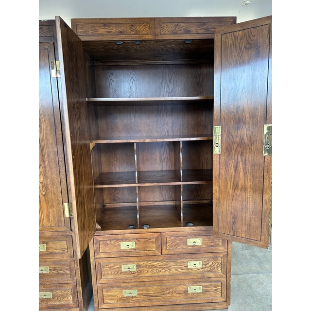 1970s Henredon “Scene One” Campaign Style Pair of Oak Armoires For Sale - Image 11 of 12